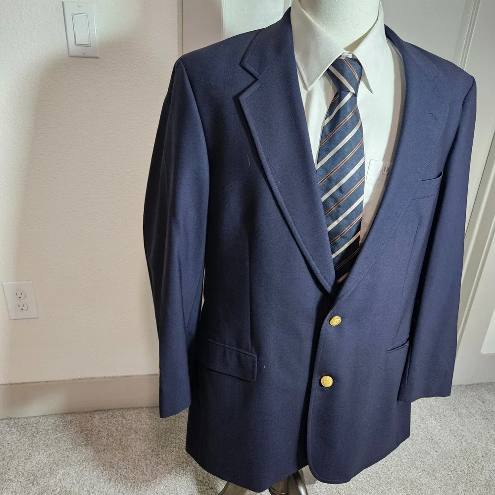 Brooks Brothers 43L Wool Suit Blazer Jacket Men Gold Button Brooksease Dark Navy
